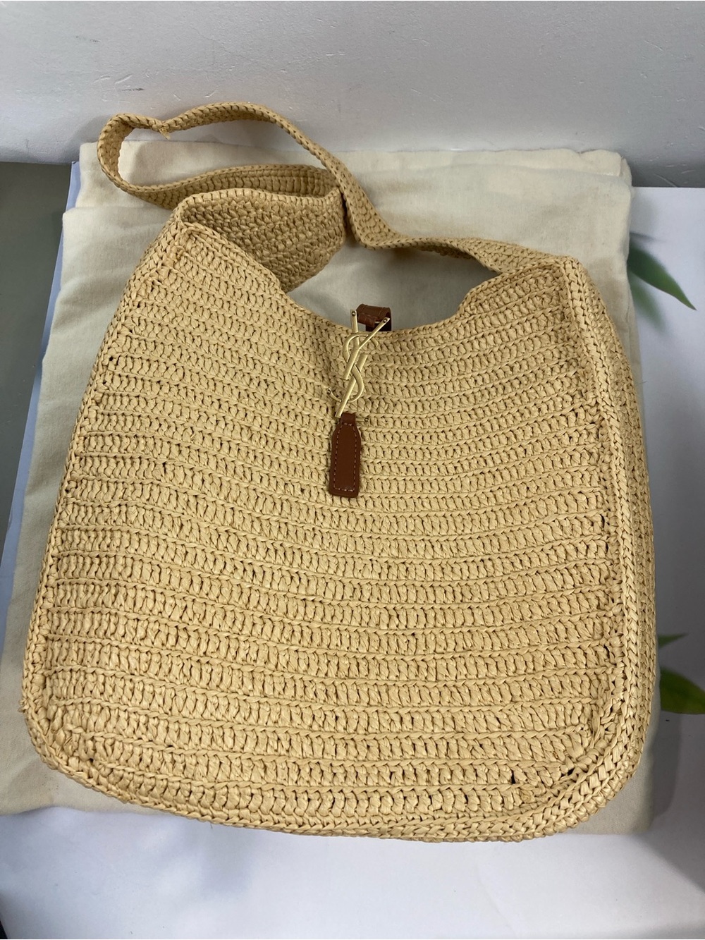 Saint Laurent Beige Woven Shoulder Bag with Leather Accent